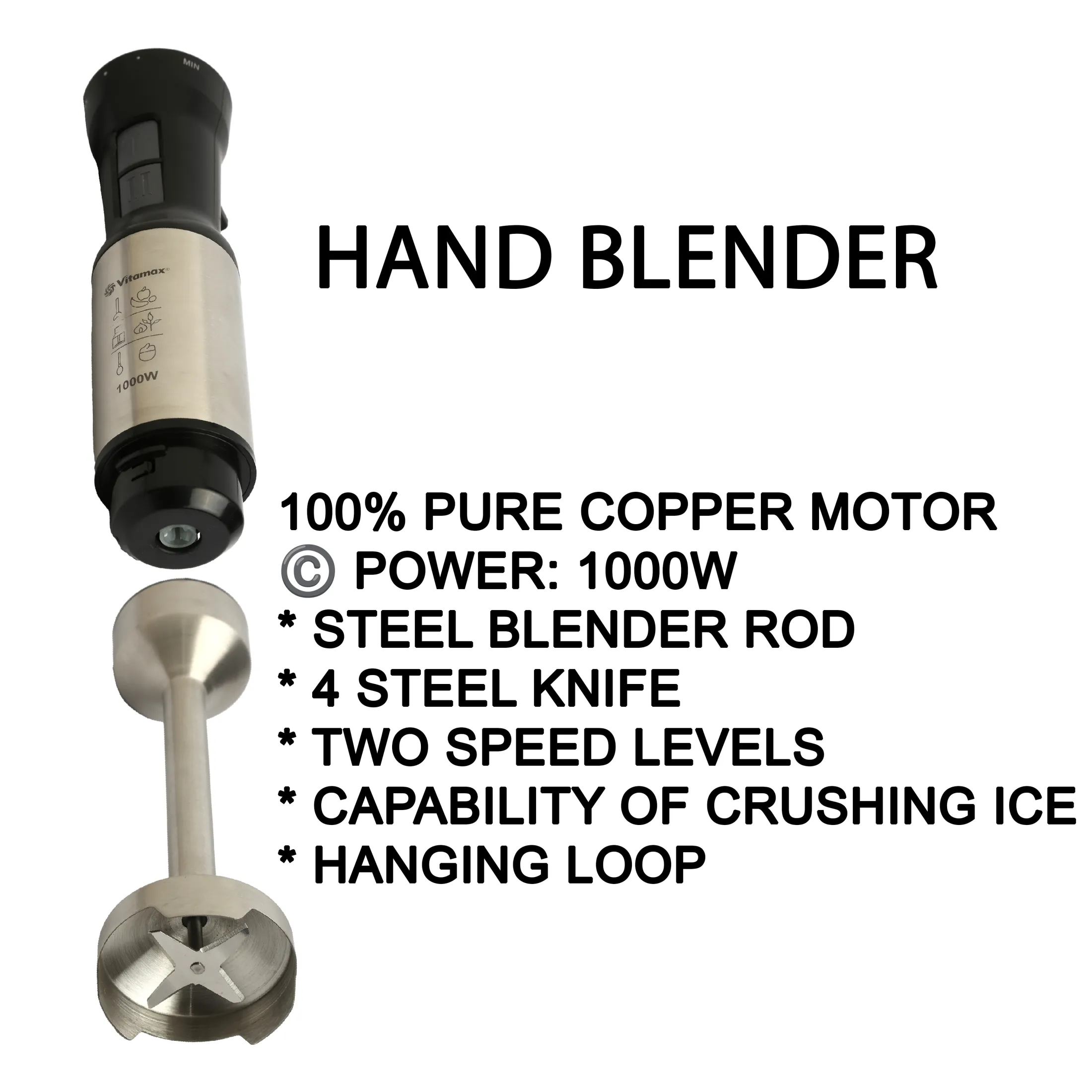 Vitamax Electric Hand Blender VM-616 | 1000W Immersion Blender | Stainless Steel Stick Mixer for Smoothies, Baby Food, Soups, Sauces, Whipping & Pureeing | Easy to Clean - Image 2